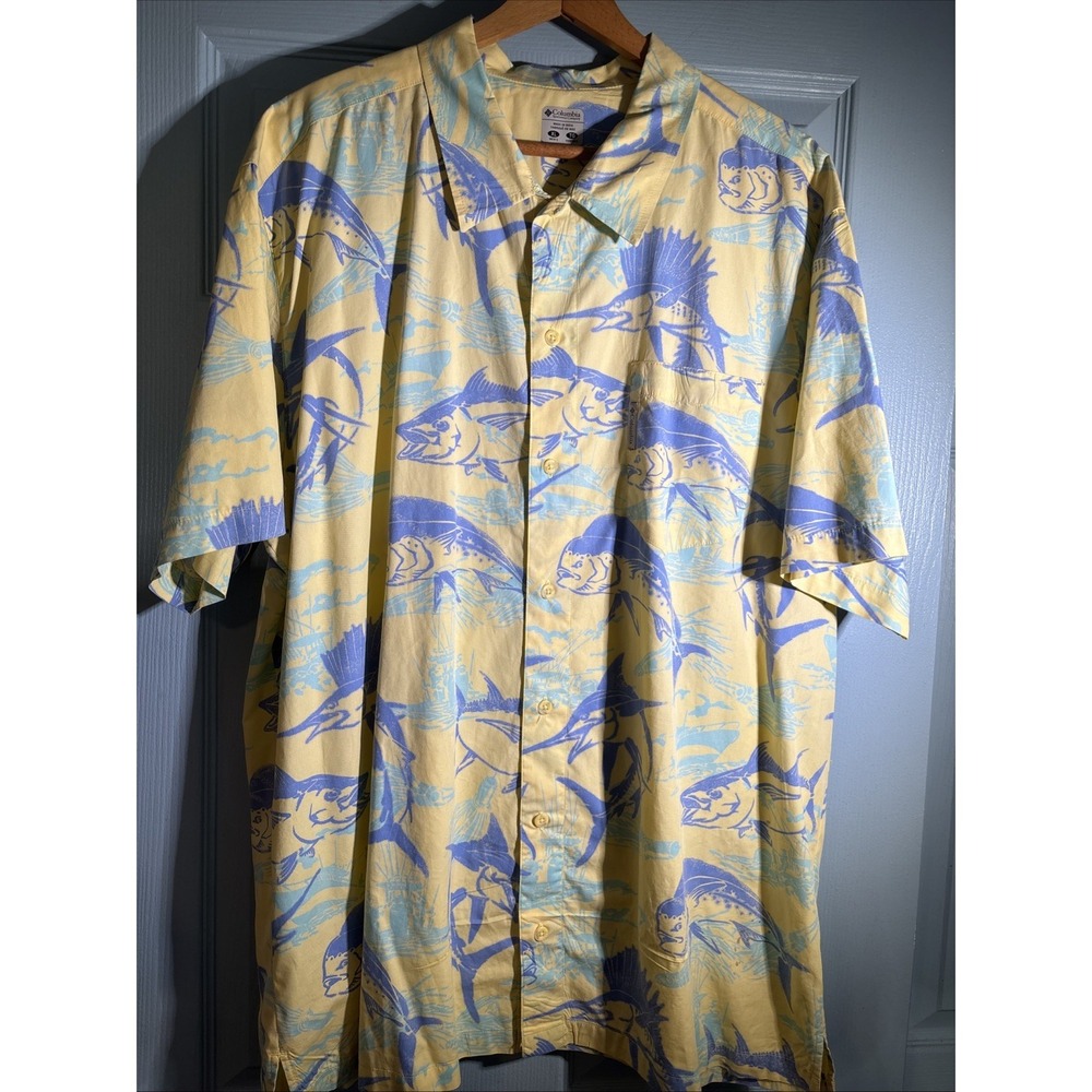 Columbia PFG Shirt Mens XL Yellow Short Sleeve Button Up Fishing Swordfish